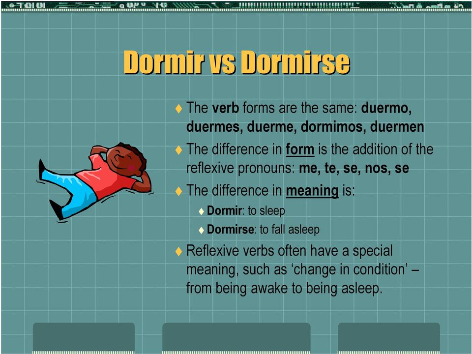 nos, se The difference in meaning is: Dormir: to sleep Dormirse: to fall asleep