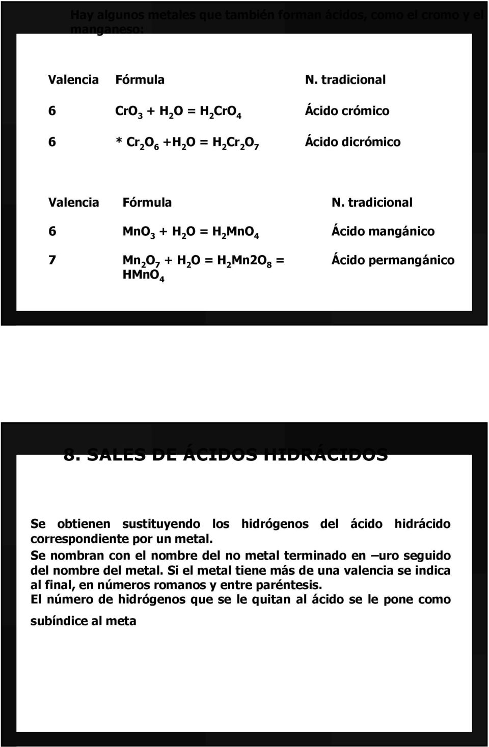 tradicional 6 Mn + MnO 4 Ácido mangánico 7 Mn 2 O 7 + Mn2O 8 = HMnO 4 Ácido permangánico 8.