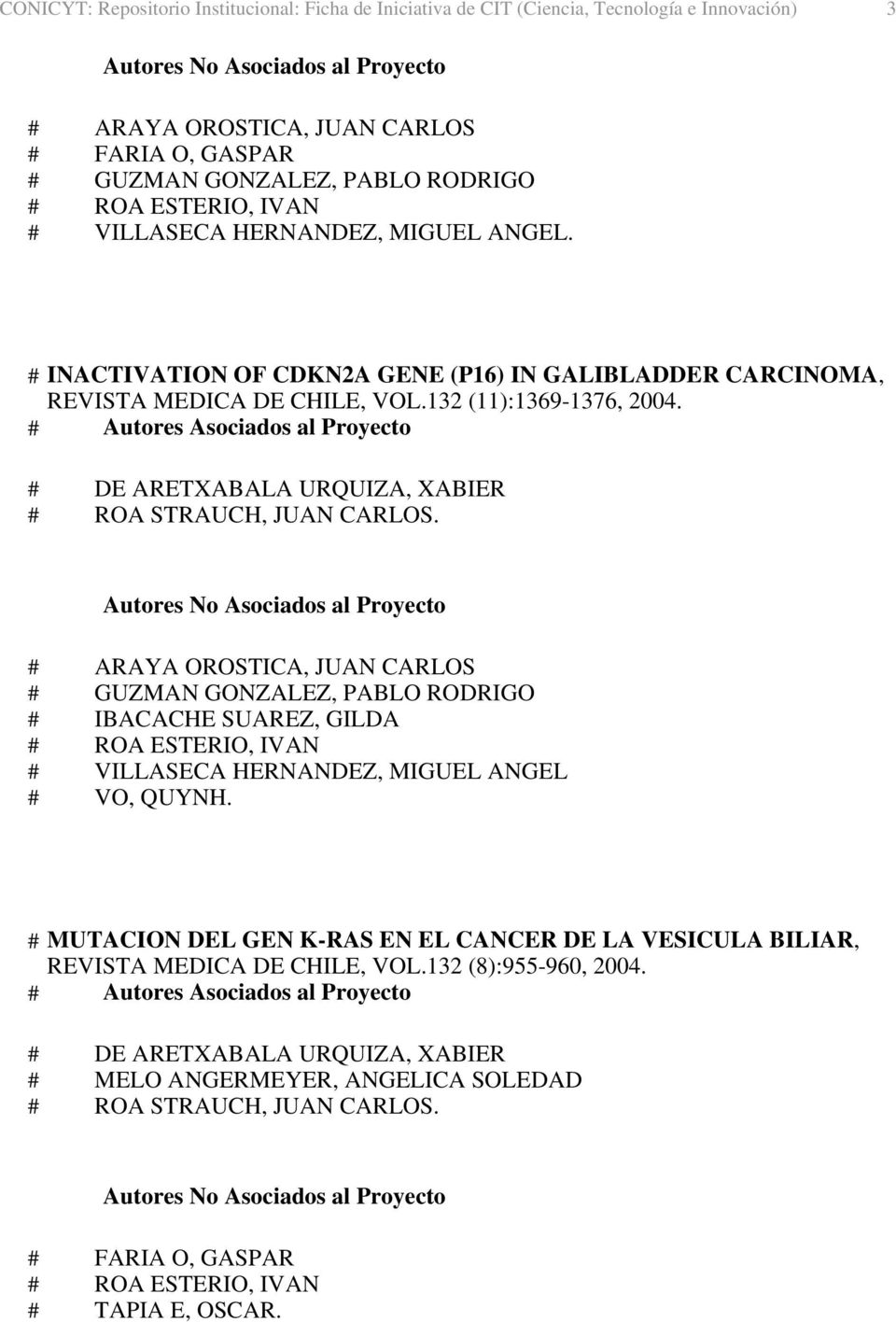 # INACTIVATION OF CDKN2A GENE (P16) IN GALIBLADDER CARCINOMA, REVISTA MEDICA DE CHILE, VOL.