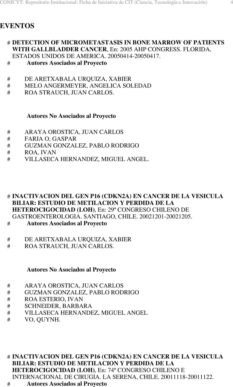 # INACTIVACION DEL GEN P16 (CDKN2A) EN CANCER DE LA VESICULA BILIAR: ESTUDIO DE METILACION Y PERDIDA DE LA HETEROCIGOCIDAD (LOH), En: 29º CONGRESO CHILENO DE GASTROENTEROLOGIA.