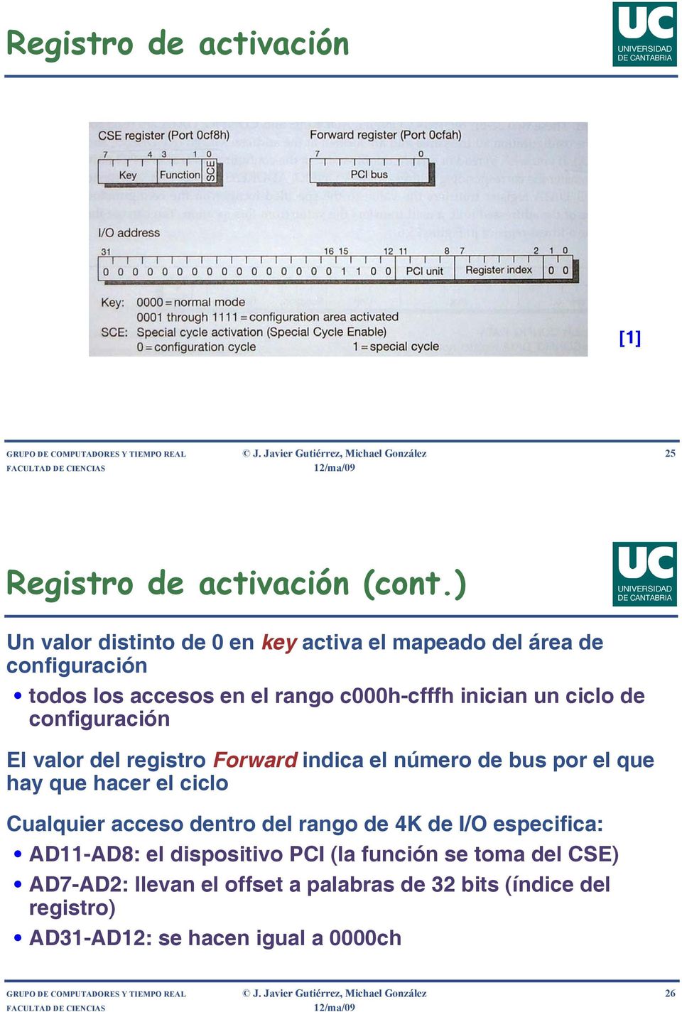 registro Forward indica el número de bus por el que hay que hacer el ciclo Cualquier acceso dentro del rango de 4K de I/O especifica: AD11-AD8: el dispositivo PCI (la