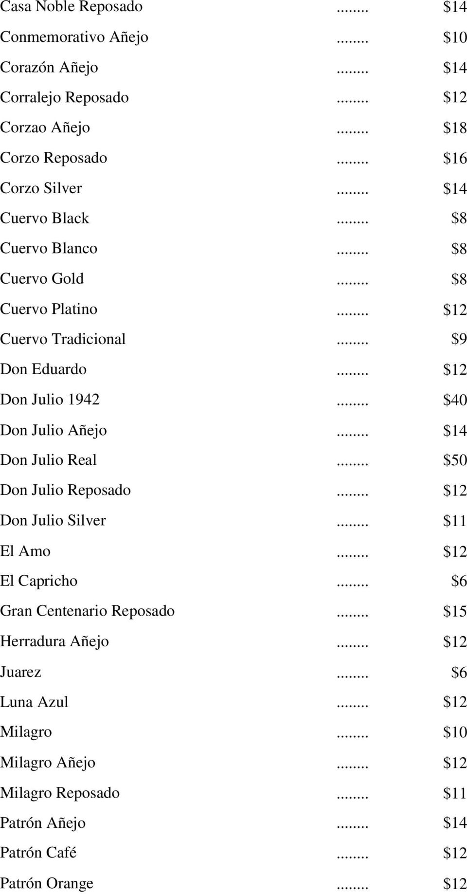 .. $40 Don Julio Añejo... $14 Don Julio Real... $50 Don Julio Reposado... $12 Don Julio Silver... $11 El Amo... $12 El Capricho... $6 Gran Centenario Reposado.