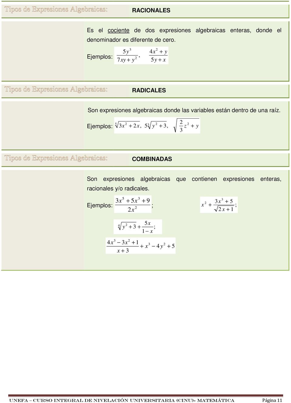Ejemplos: +, 5 y +, z + y 5 Tipos de Epresiones Algebraicas: COMBINADAS Son epresiones algebraicas que contienen epresiones enteras, racionales