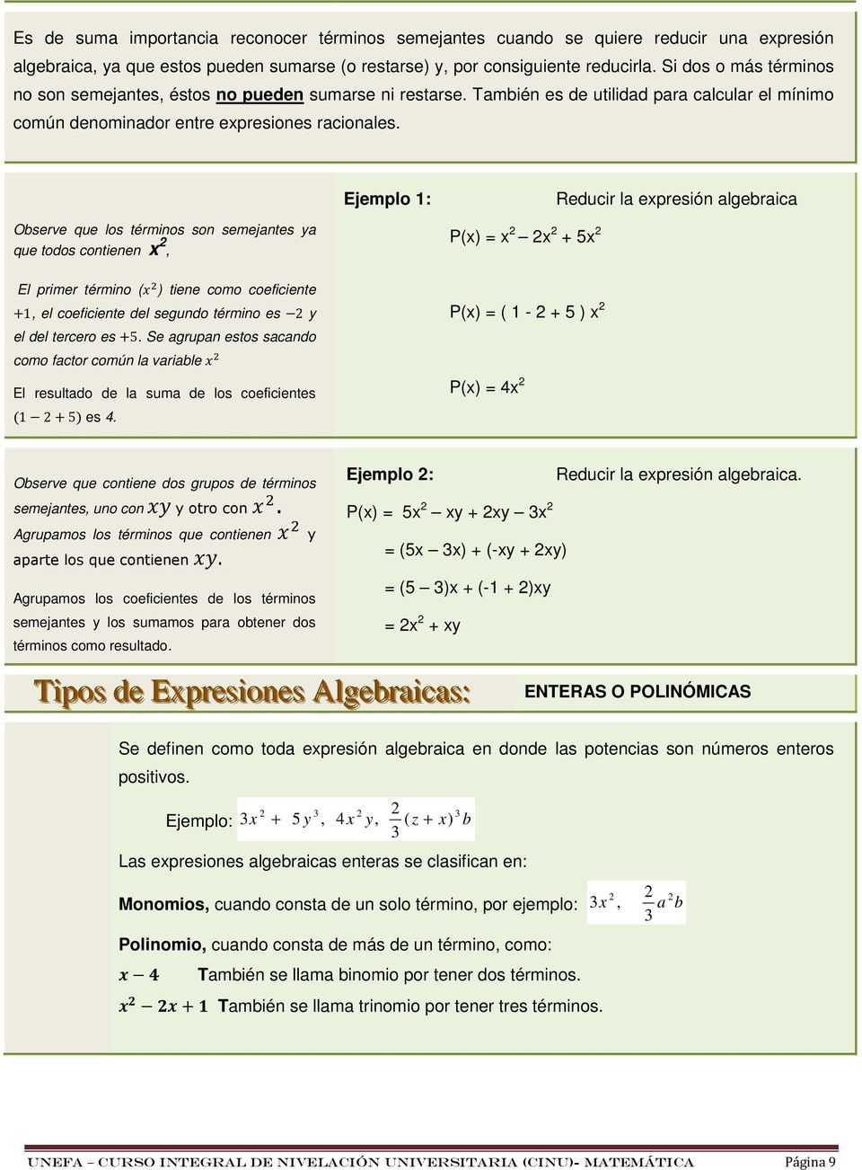 Ejemplo 1: Reducir la epresión algebraica Observe que los términos son semejantes ya que todos contienen, P() = + 5 El primer término ( ) tiene como coeficiente 1, el coeficiente del segundo término