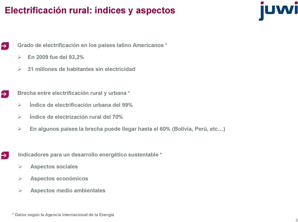 electrización rural del 70% En algunos países la brecha puede llegar hasta el 60% (Bolivia, Perú, etc ) Indicadores para un desarrollo