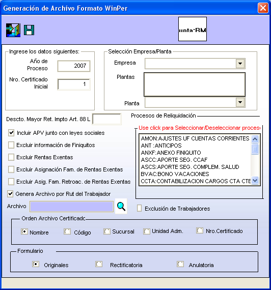 Informes/Tributación/Generación de Archivo Formato WinPer, accediendo a la pantalla de parámetros para emisión del archivo (imagen 3.1). 1 3 2 4 6 5 7 8 14 9 11 10 12 Figura 3.