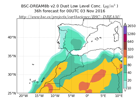 Predicción de intrusión de masas de aire africano sobre España para el día 3 de noviembre de 2016 Los modelos prevén la presencia de masas de aire africano sobre la Península y las islas Canarias