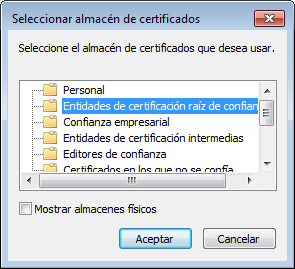 Certificado RAIZ de la Autoridad de Certificación Presione Examinar y se presentará la pantalla donde deberá seleccionar "Entidades emisoras raíz de