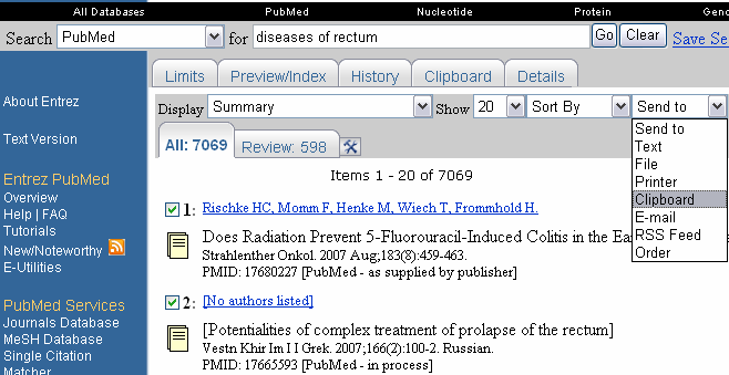 Clipboard PubMed - Funciones adicionales Si no se seleccionan las citas usando las casilla de