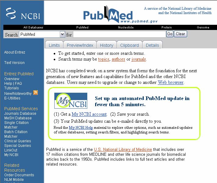 Página inicial PubMed- www.pubmed.gov Acceso a bases de datos Menú de ayuda de PubMed.