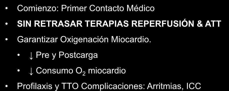 TTO INICIAL SCACEST: OBJETIVOS Comienzo: Primer Contacto Médico SIN RETRASAR TERAPIAS REPERFUSIÓN & ATT