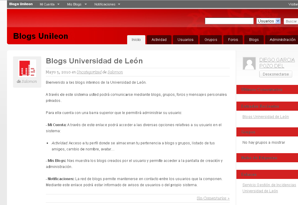 El sistema de blogs de la Universidad de León permite a los usuarios de la universidad disponer de blogs personales wordpress que se crean automaticamente.
