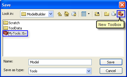 1. Haga clic en el botón Guardar herramienta en la barra de herramientas de ModelBuilder y navegue hasta C:\ModelBuilder. 2. Un modelo sólo se puede guardar en una caja de herramientas.