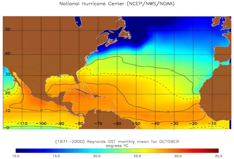 encima de los 28.0 C acentuándose hacia el centro y sur del litoral caribe colombiano con valores de 28.1 C a 28.5 C. Figura 13. Promedio mensual climático de TSM ( C). Datos 1981-2010.