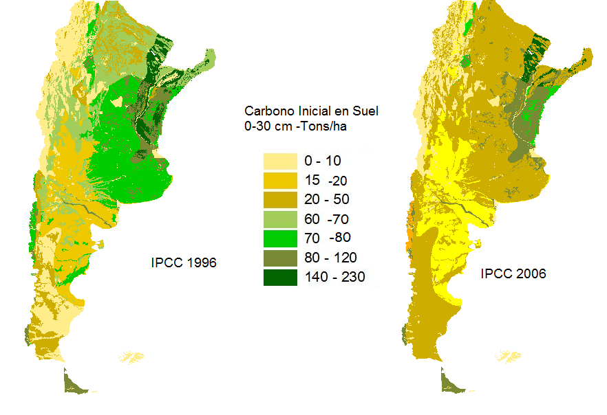Figura 169 -Carbono de Referencia (SOC REF) para vegetación nativa para los suelos de la República Argentina aplicando las directrices IPCC 1996 y 2006.