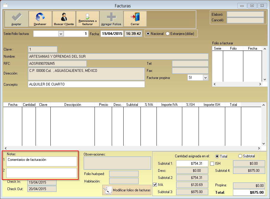 Para poder utilizar los campos de notas en facturación debe habilitar la opción en la pantalla de configuración en la sección Facturación.