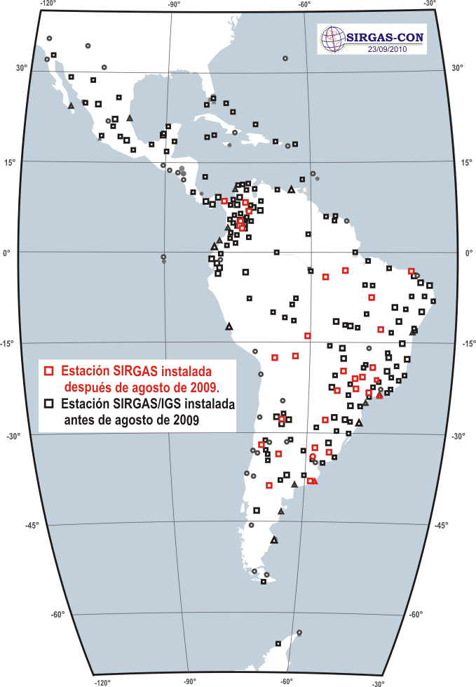 2 la última Reunión SIRGAS en septiembre de 2009, se han incoporado 37 estaciones nuevas [06], distribuidas en Argentina, Bolivia, Brasil, Colombia, Panamá y Uruguay (figura 3). Figura 2.