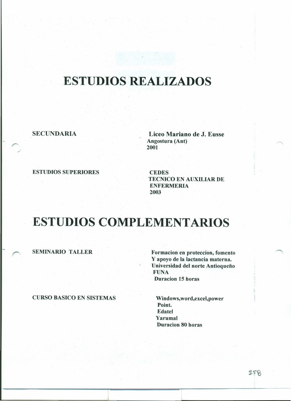 ,IAR DE ENFERMERIA 2003 ESTUDIOS COMPLEMENTARIOS SEMITNARIO TALLER Formacion en proteccion, fomento