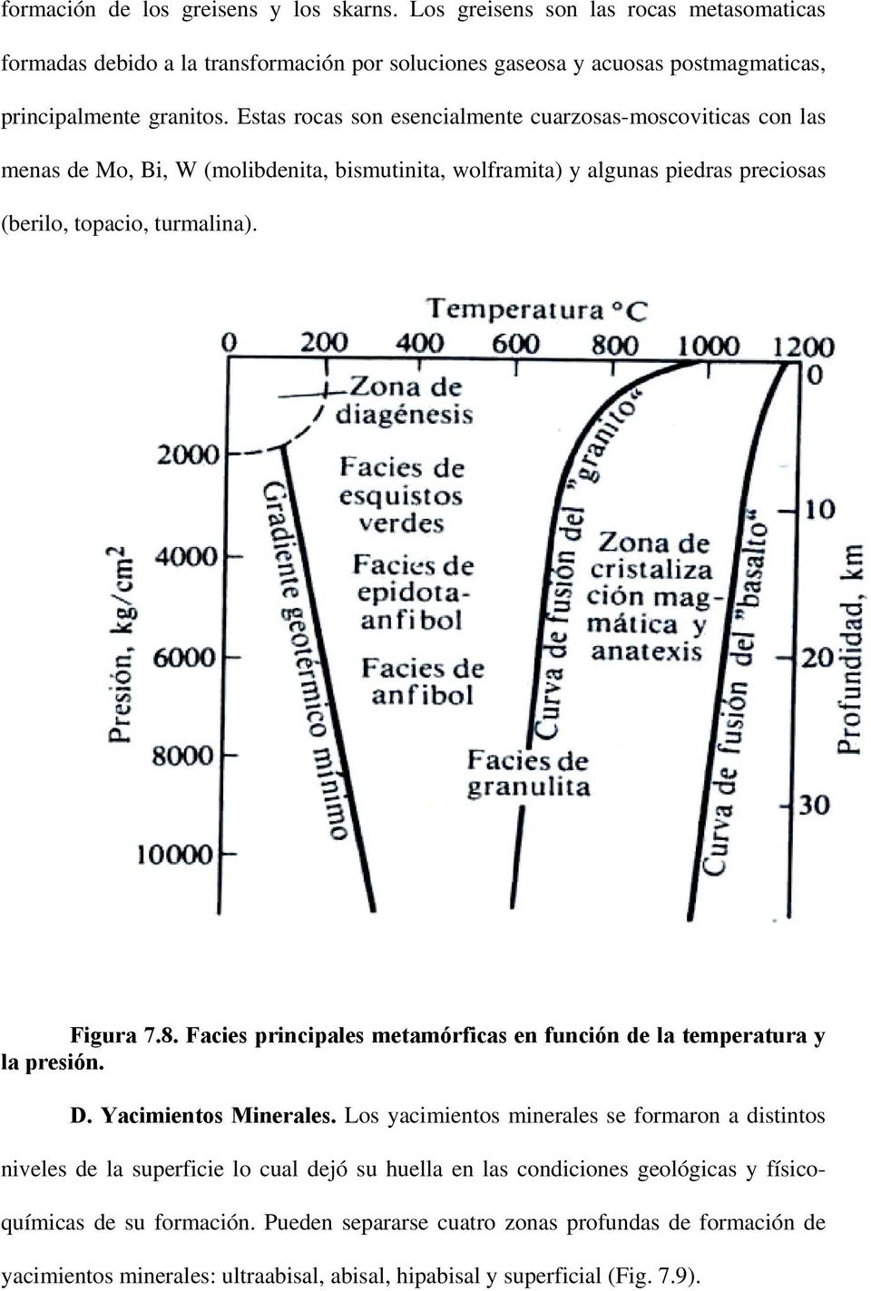 Facies principales metamórficas en función de la temperatura y la presión. D. Yacimientos Minerales.
