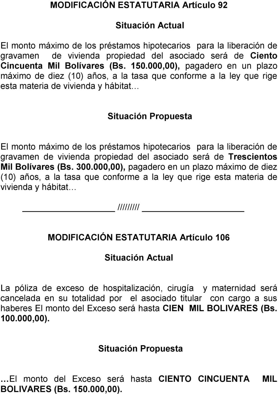 gravamen de vivienda propiedad del asociado será de Trescientos Mil Bolívares (Bs. 300.
