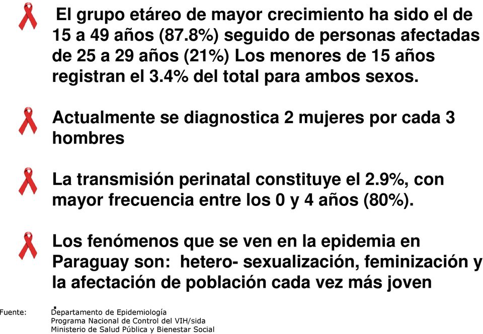 Actualmente se diagnostica 2 mujeres por cada 3 hombres La transmisión perinatal constituye el 2.9%, con mayor frecuencia entre los 0 y 4 años (80%).