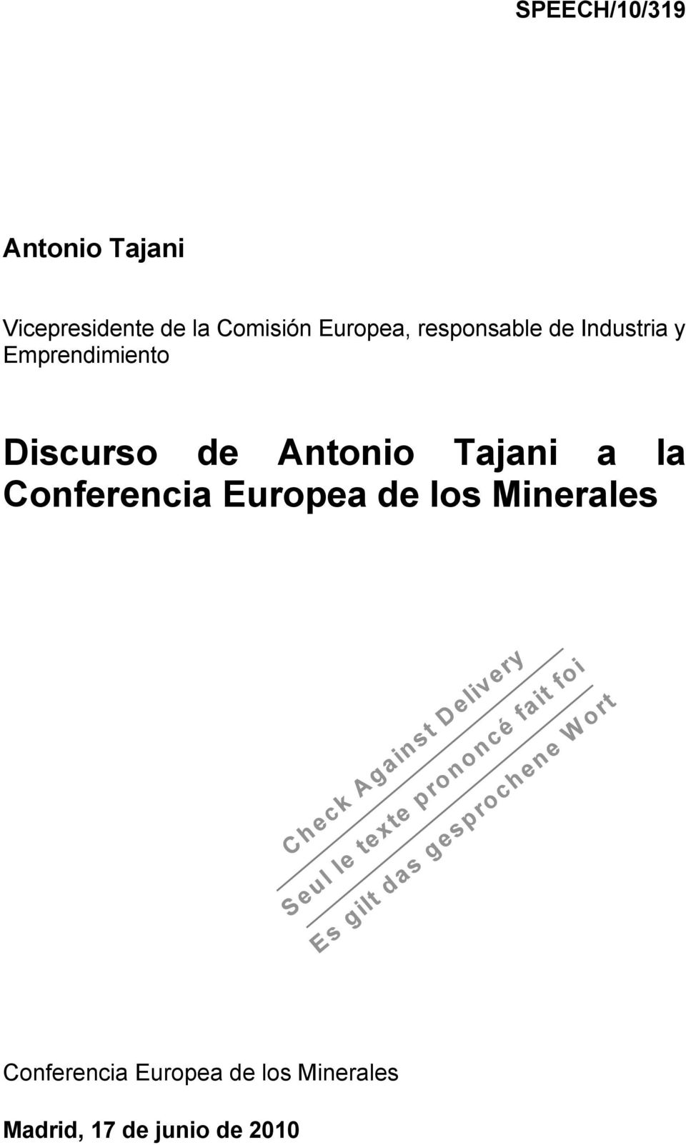 de Antonio Tajani a la Conferencia Europea de los Minerales