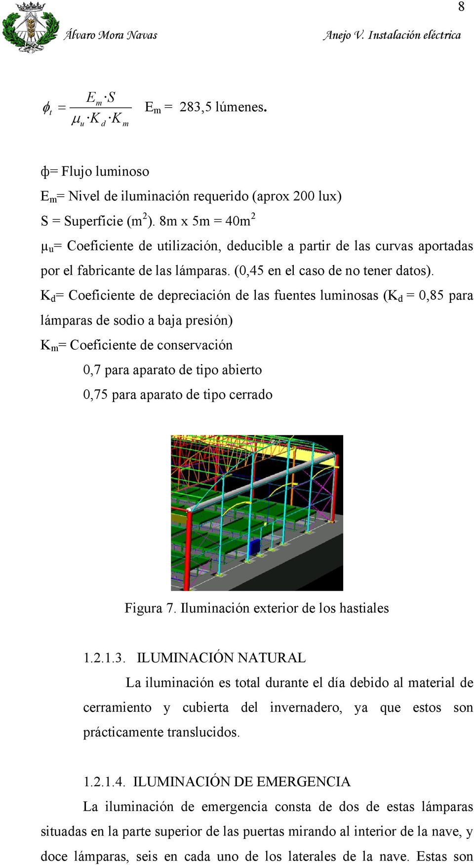 K d = Coeficiente de depreciación de las fuentes luminosas (K d = 0,85 para lámparas de sodio a baja presión) K m = Coeficiente de conservación 0,7 para aparato de tipo abierto 0,75 para aparato de