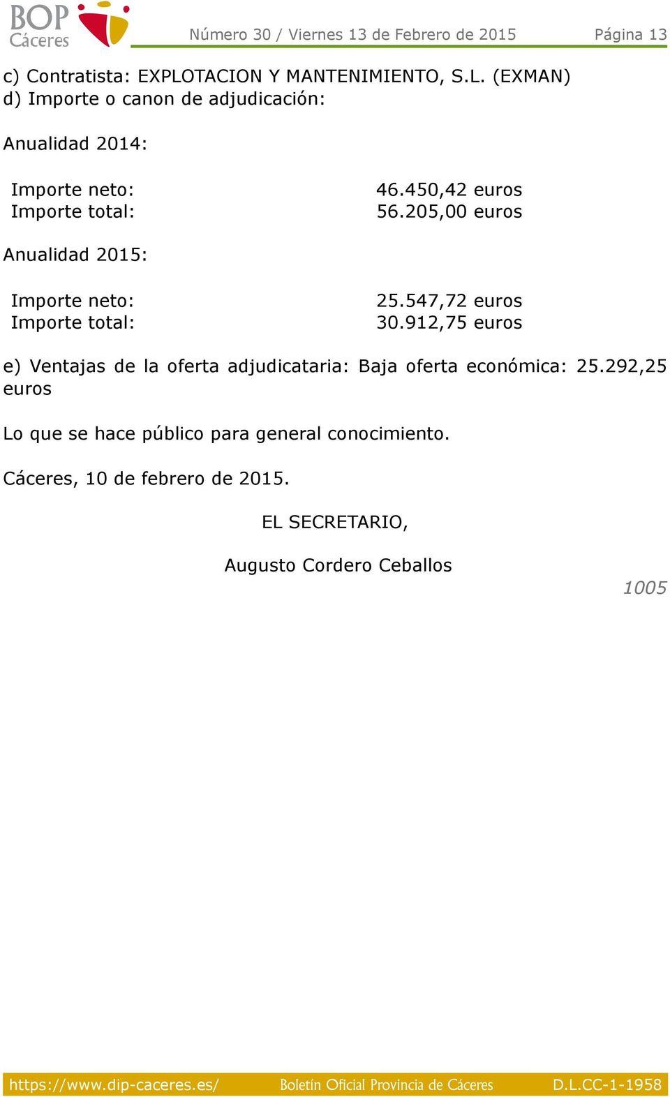 450,42 euros 56.205,00 euros Anualidad 2015: Importe neto: Importe total: 25.547,72 euros 30.