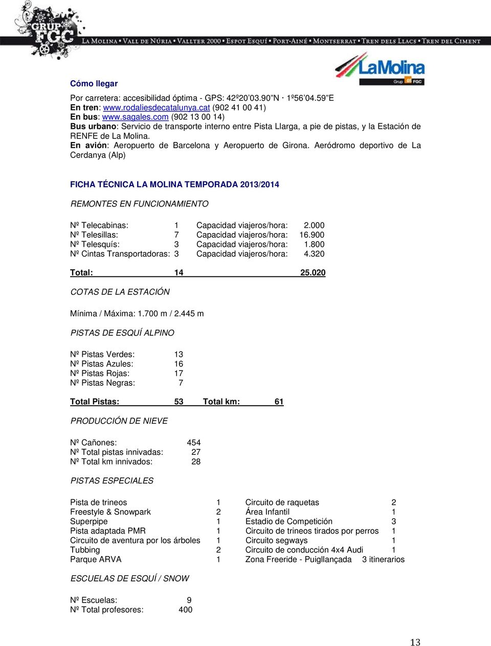 Aeródromo deportivo de La Cerdanya (Alp) FICHA TÉCNICA LA MOLINA TEMPORADA 2013/2014 REMONTES EN FUNCIONAMIENTO Nº Telecabinas: 1 Capacidad viajeros/hora: 2.