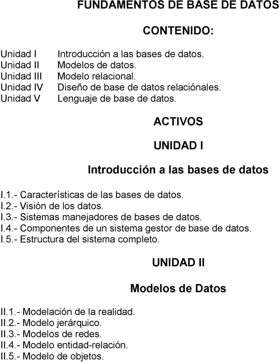 - Visión de los datos. I.3.- Sistemas manejadores de bases de datos. I.4.- Componentes de un sistema gestor de base de datos. I.5.- Estructura del sistema completo.