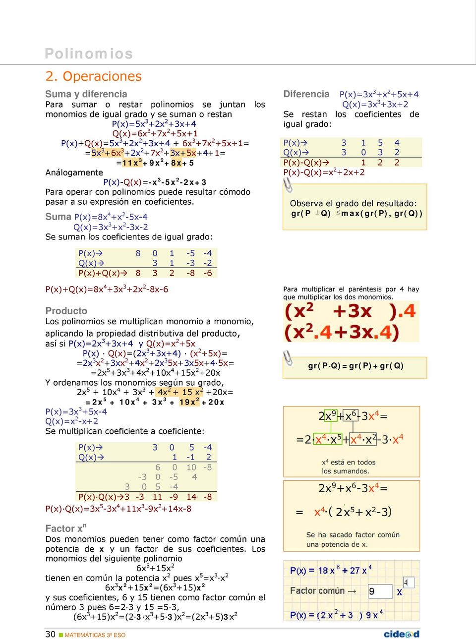 Suma P(x)=8x 4 +x 2-5x-4 Q(x)=3x 3 +x 2-3x-2 Se suman los coeficientes de igual grado: Diferencia P(x)=3x 3 +x 2 +5x+4 Q(x)=3x 3 +3x+2 Se restan los coeficientes de igual grado: P(x) 3 1 5 4 Q(x) 3 0