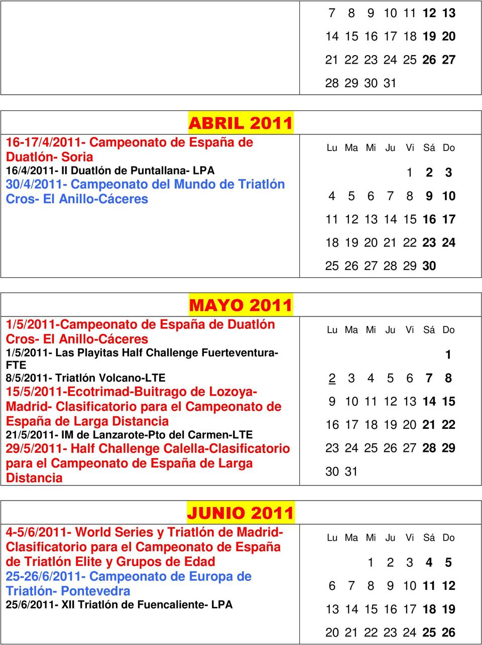 Anillo-Cáceres 1/5/2011- Las Playitas Half Challenge Fuerteventura- FTE 8/5/2011- Triatlón Volcano-LTE 15/5/2011-Ecotrimad-Buitrago de Lozoya- Madrid- Clasificatorio para el Campeonato de España de