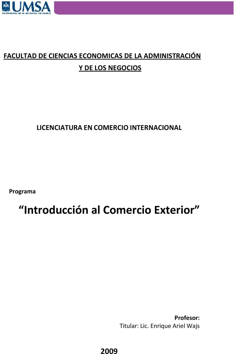 COMERCIO INTERNACIONAL Programa Introducción al