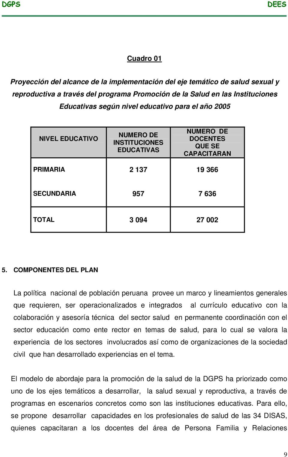 COMPONENTES DEL PLAN La política nacional de población peruana provee un marco y lineamientos generales que requieren, ser operacionalizados e integrados al currículo educativo con la colaboración y