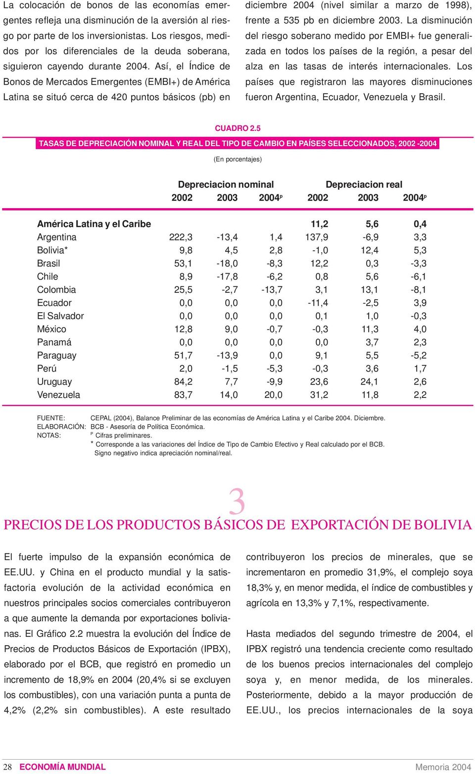 Así, el Índice de Bonos de Mercados Emergentes (EMBI+) de América Latina se situó cerca de 420 puntos básicos (pb) en diciembre 2004 (nivel similar a marzo de 1998), frente a 535 pb en diciembre 2003.