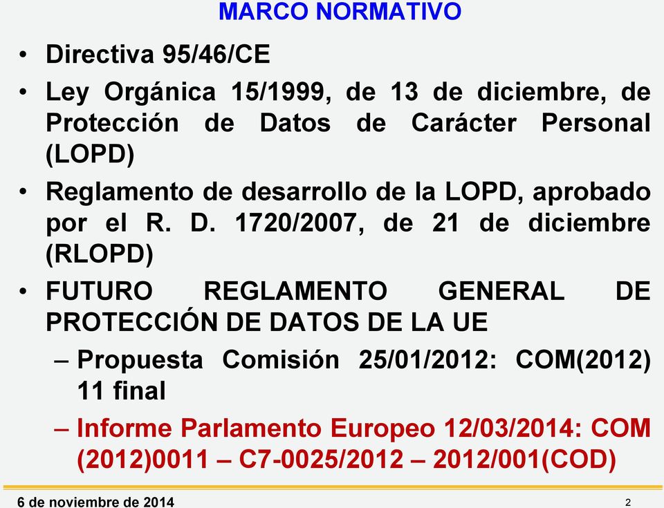 1720/2007, de 21 de diciembre (RLOPD) FUTURO REGLAMENTO GENERAL DE PROTECCIÓN DE DATOS DE LA UE