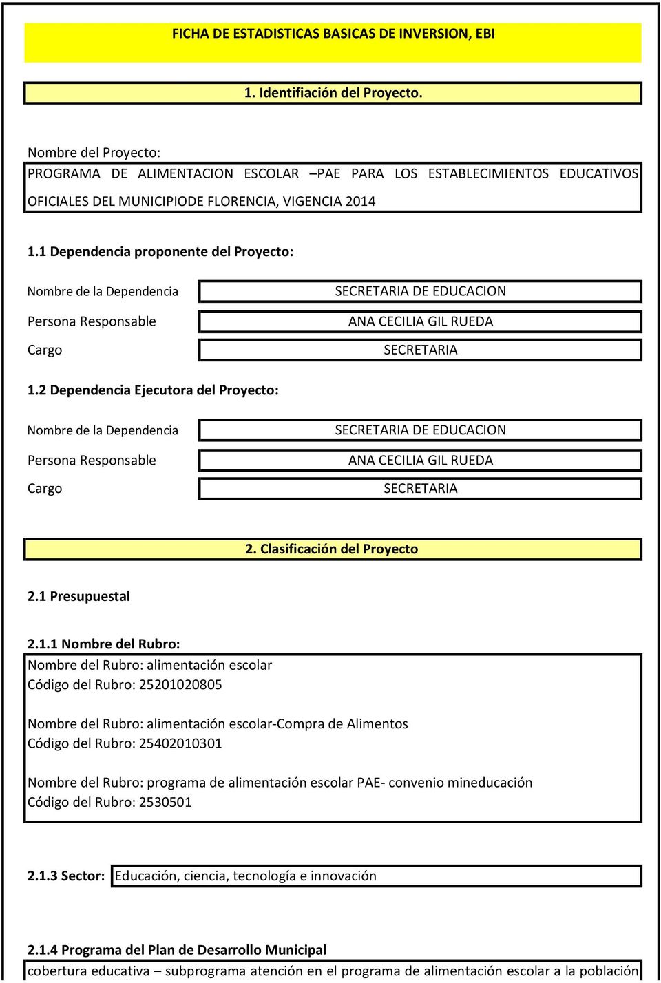 1 Dependencia proponente del Proyecto: Nombre de la Dependencia Persona Responsable Cargo SECRETARIA DE EDUCACION ANA CECILIA GIL RUEDA SECRETARIA 1.