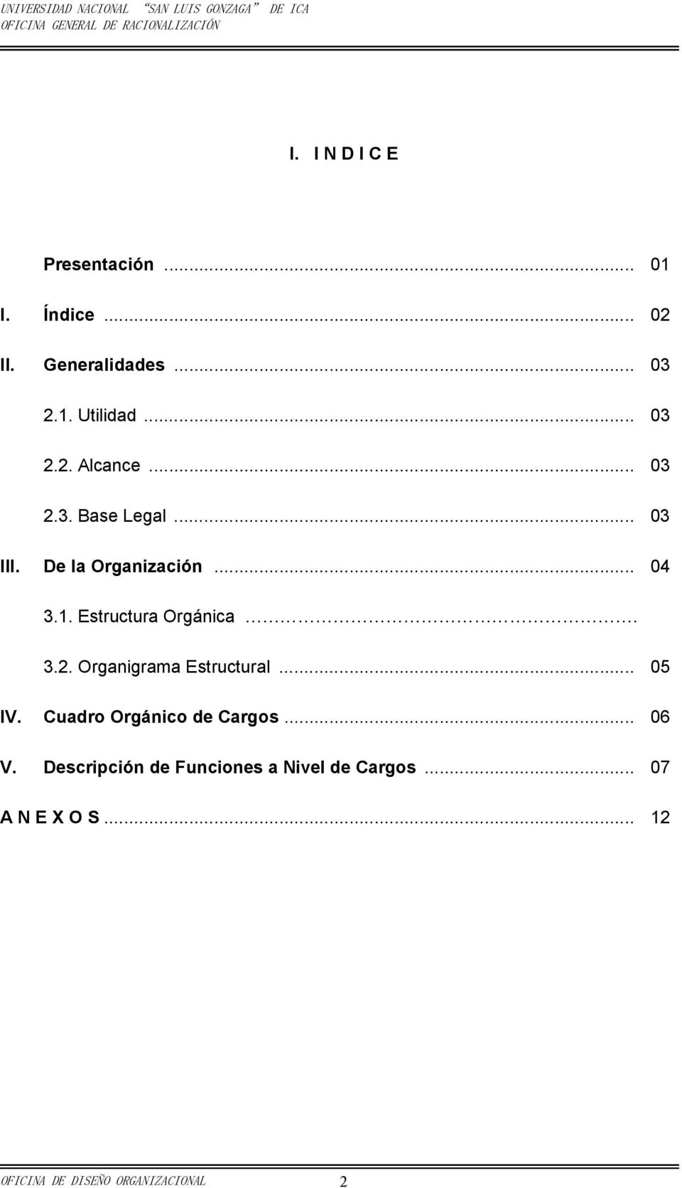 Estructura Orgánica. 3.2. Organigrama Estructural... 05 IV. Cuadro Orgánico de Cargos... 06 V.