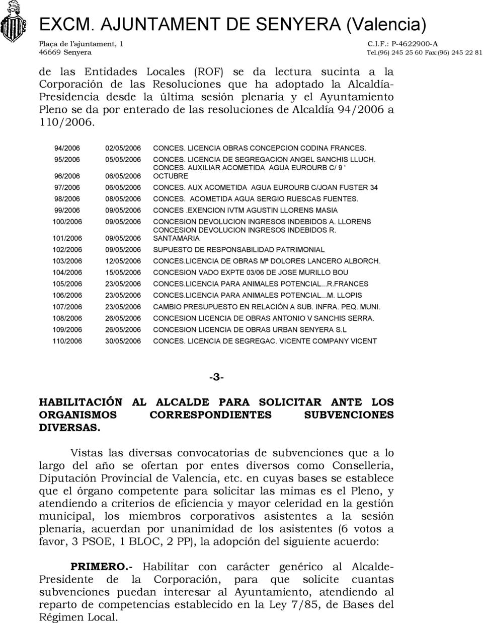 LICENCIA DE SEGREGACION ANGEL SANCHIS LLUCH. CONCES. AUXILIAR ACOMETIDA AGUA EUROURB C/ 9 ' 96/2006 06/05/2006 OCTUBRE 97/2006 06/05/2006 CONCES.