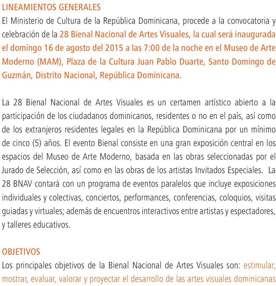La 28 Bienal Nacional de Artes Visuales es un certamen artístico abierto a la participación de los ciudadanos dominicanos, residentes o no en el país, así como de los extranjeros residentes legales