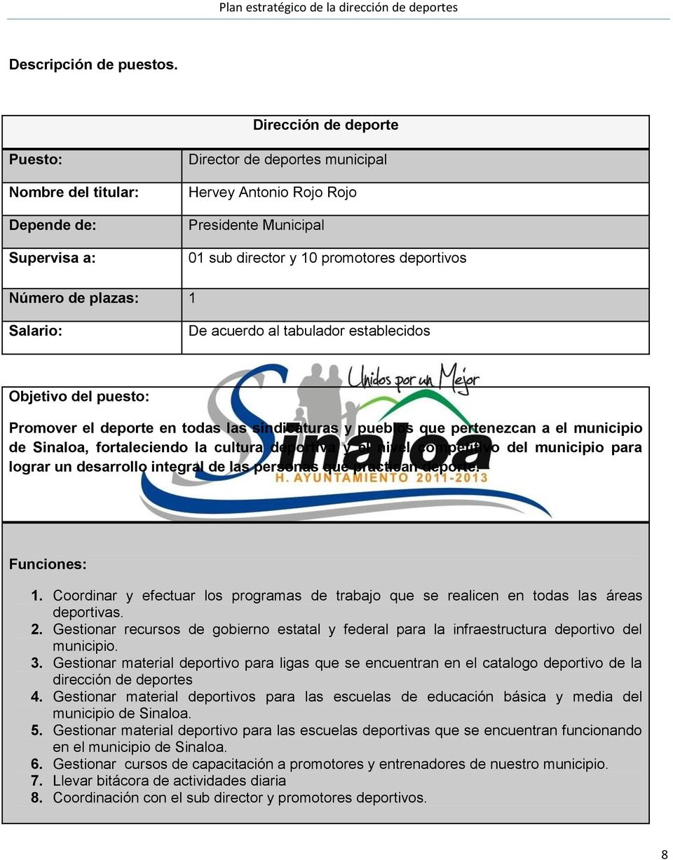 Número de plazas: 1 Salario: De acuerdo al tabulador establecidos Objetivo del puesto: Promover el deporte en todas las sindicaturas y pueblos que pertenezcan a el municipio de Sinaloa, fortaleciendo