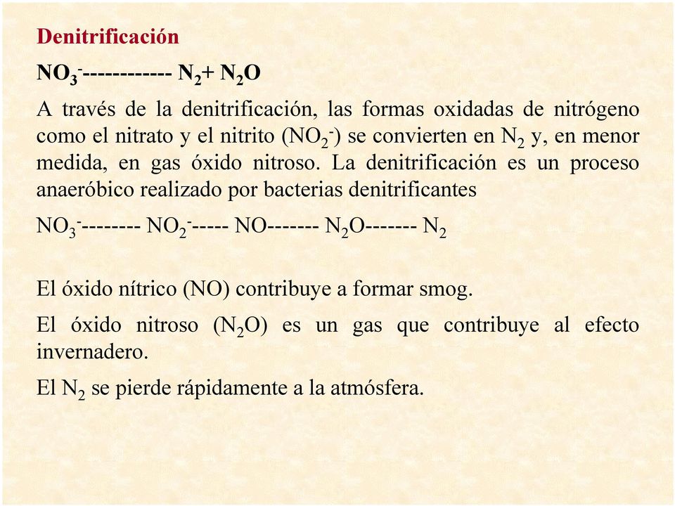 La denitrificación es un proceso anaeróbico realizado por bacterias denitrificantes NO 3- -------- NO 2- ----- NO------- N 2