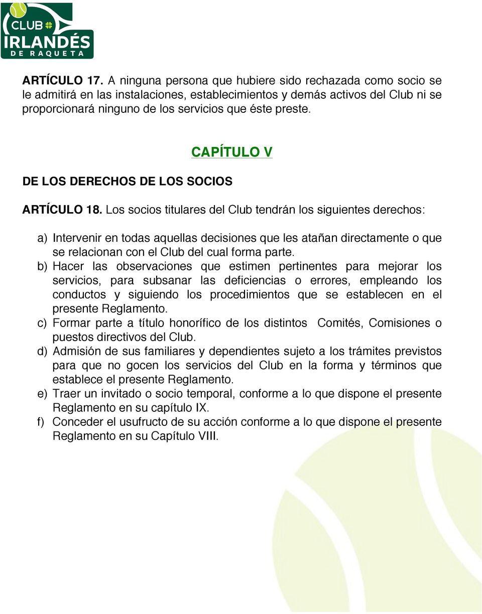 REGLAMENTO INTERNO CLUB DE IRLANDÉS DE RAQUETA SA DE CV - PDF Free Download
