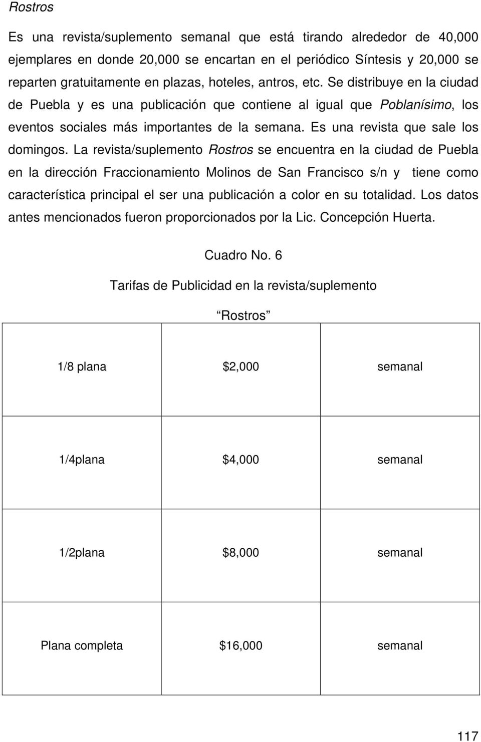 La revista/suplemento Rostros se encuentra en la ciudad de Puebla en la dirección Fraccionamiento Molinos de San Francisco s/n y tiene como característica principal el ser una publicación a color en