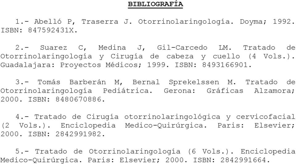 - Tomás Barberán M, Bernal Sprekelssen M. Tratado de Otorrinolaringología Pediátrica. Gerona: Gráficas Alzamora; 2000. ISBN: 8480670886. 4.