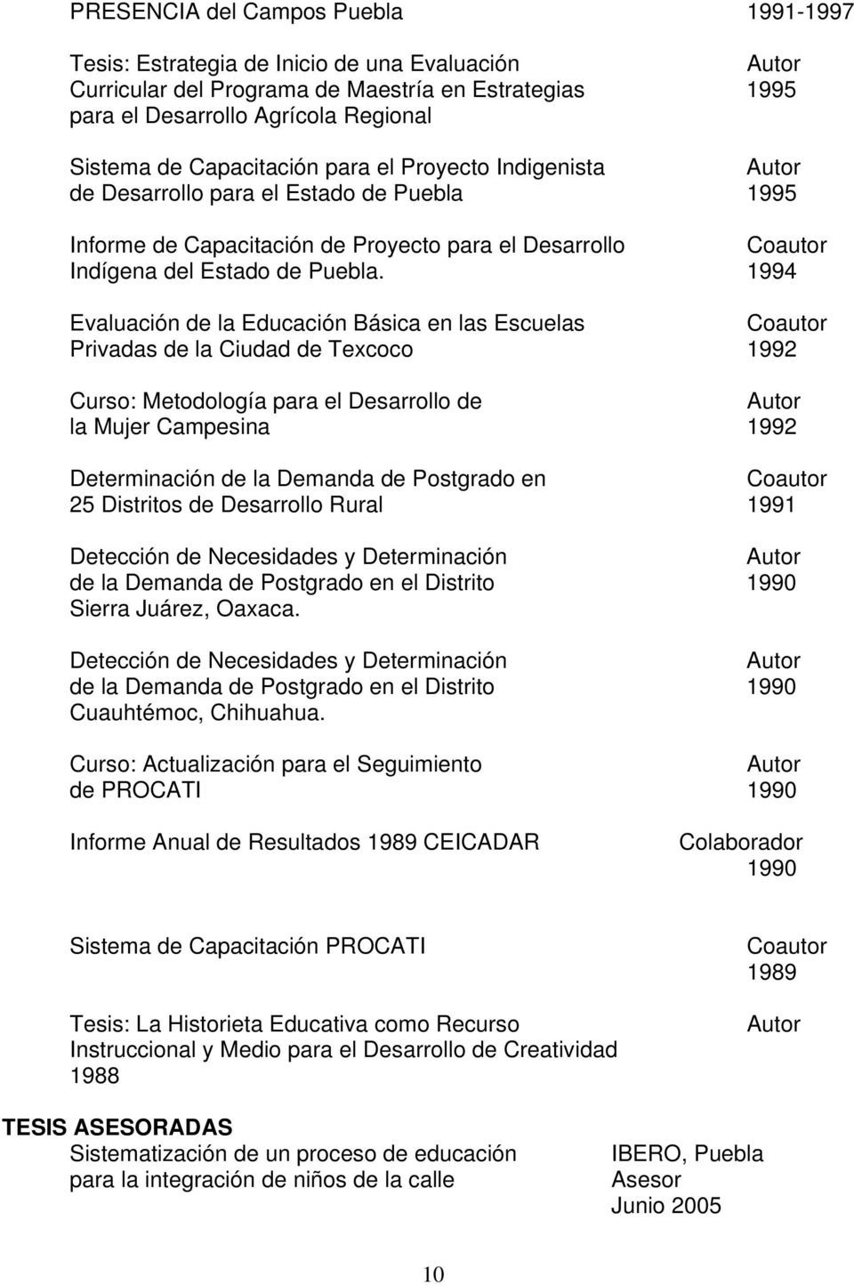 1994 Evaluación de la Educación Básica en las Escuelas Privadas de la Ciudad de Texcoco 1992 Curso: Metodología para el Desarrollo de la Mujer Campesina 1992 Determinación de la Demanda de Postgrado