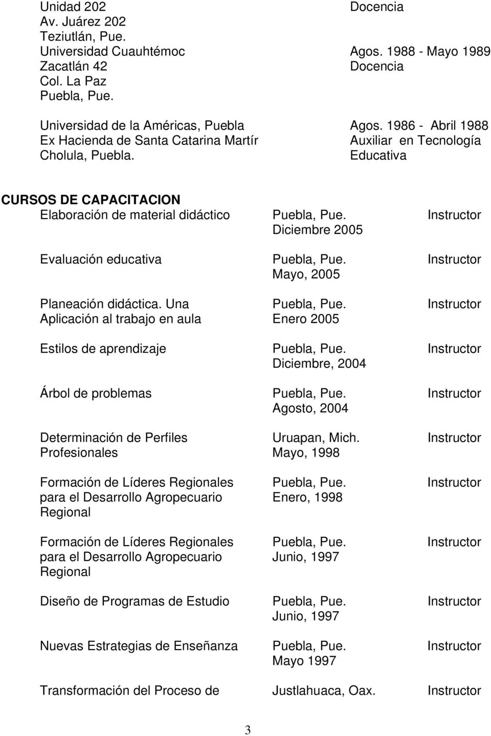 Instructor Diciembre 2005 Evaluación educativa Puebla, Pue. Instructor Mayo, 2005 Planeación didáctica. Una Puebla, Pue.