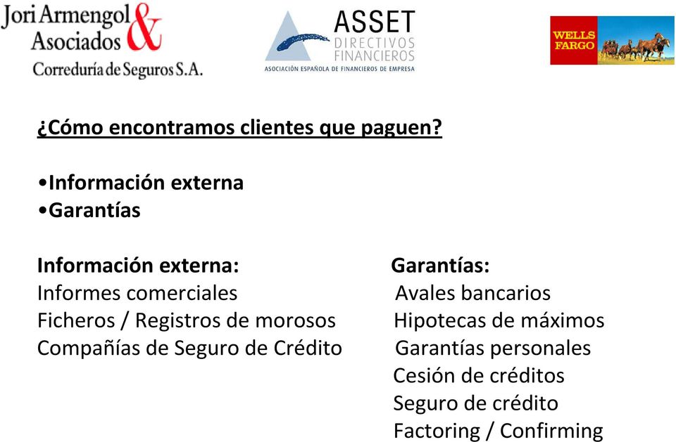 comerciales Avales bancarios Ficheros / Registros de morosos Hipotecas de