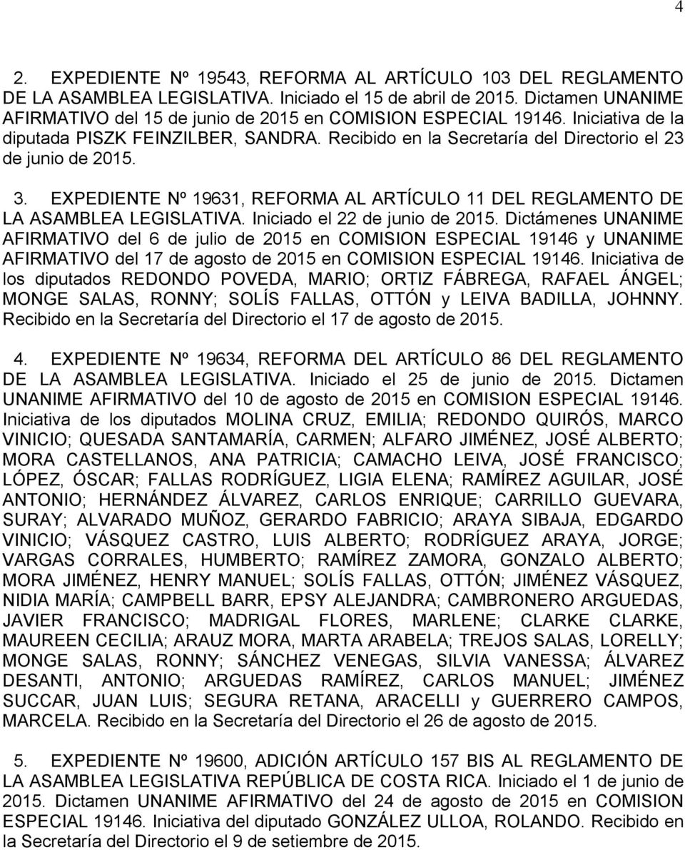 EXPEDIENTE Nº 19631, REFORMA AL ARTÍCULO 11 DEL REGLAMENTO DE LA ASAMBLEA LEGISLATIVA. Iniciado el 22 de junio de 2015.