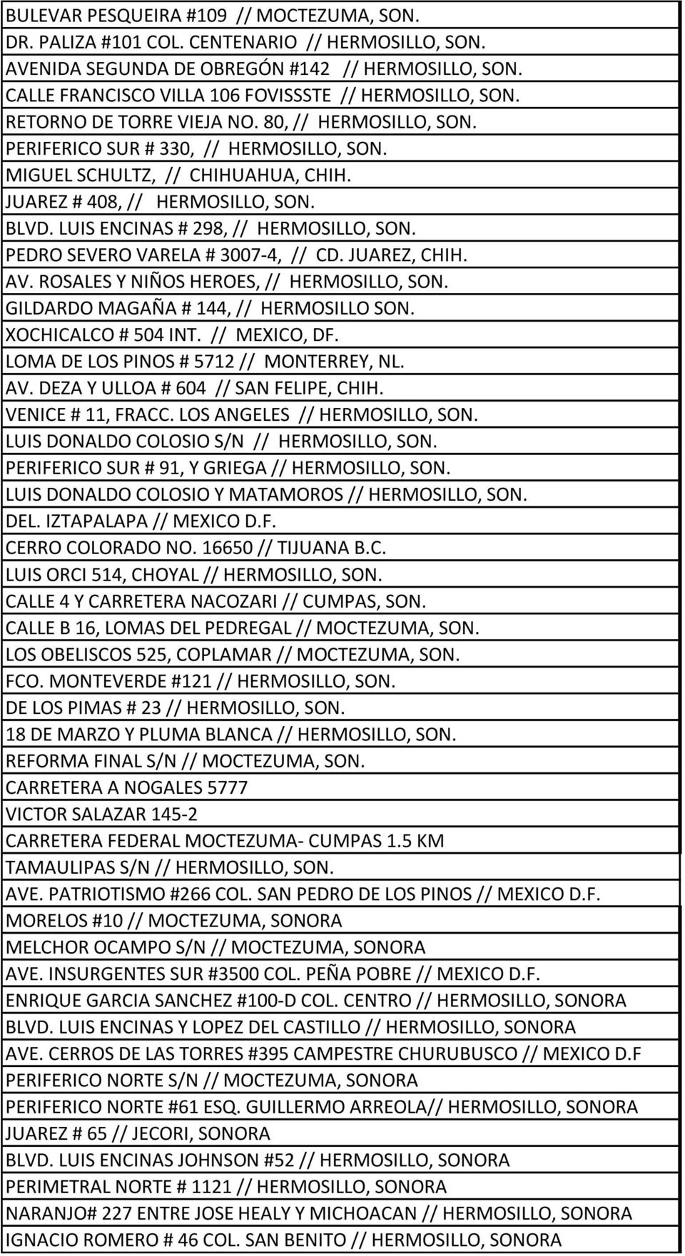 JUAREZ # 408, // HERMOSILLO, SON. BLVD. LUIS ENCINAS # 298, // HERMOSILLO, SON. PEDRO SEVERO VARELA # 3007-4, // CD. JUAREZ, CHIH. AV. ROSALES Y NIÑOS HEROES, // HERMOSILLO, SON.